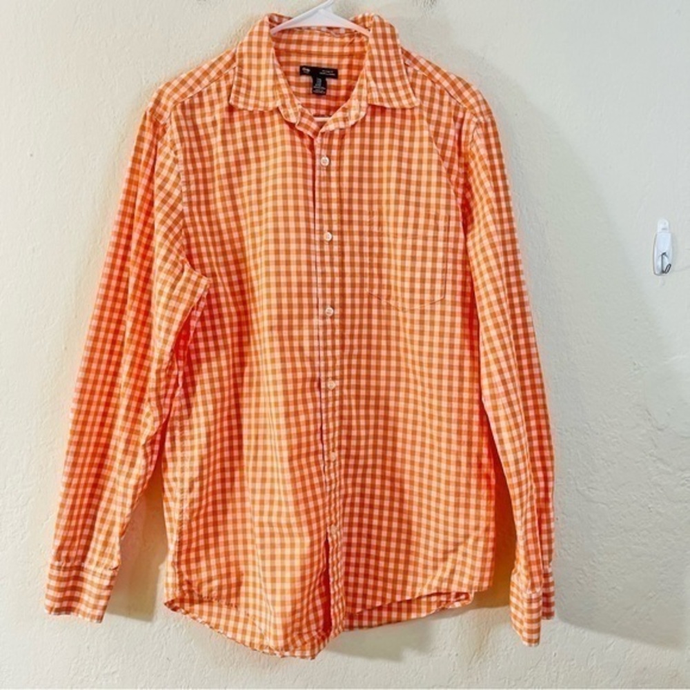Gap Classic Fit Gingham Plaid Button Down Shirt Men Size Medium Orange/White